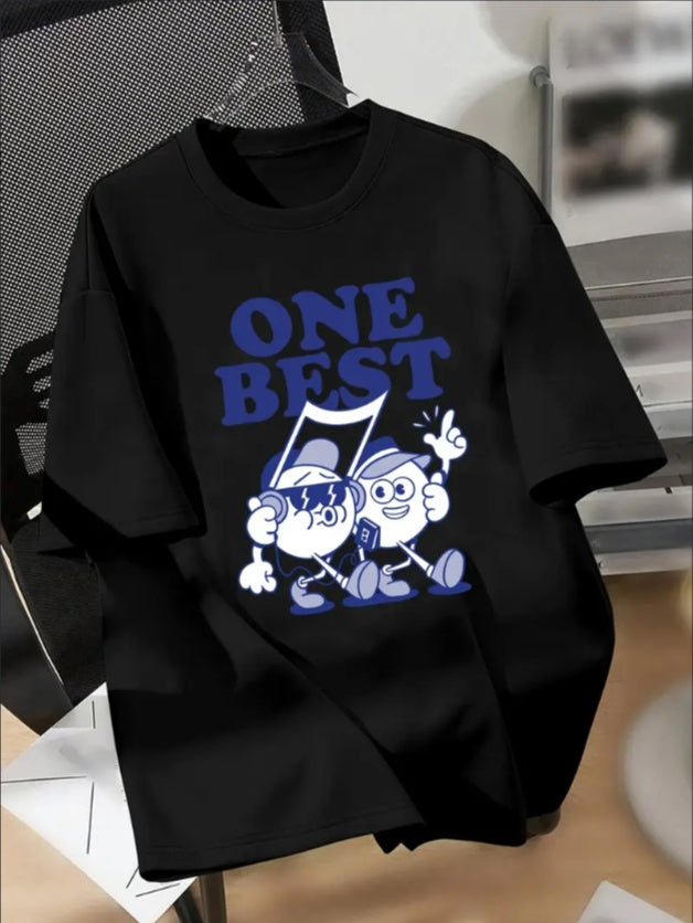 ONE BEST Cartoon Print Boys Casual Short-sleeved Round Neck T-shirt, Cool Comfy Versatile Tee Top, Perfect Summer Clothing